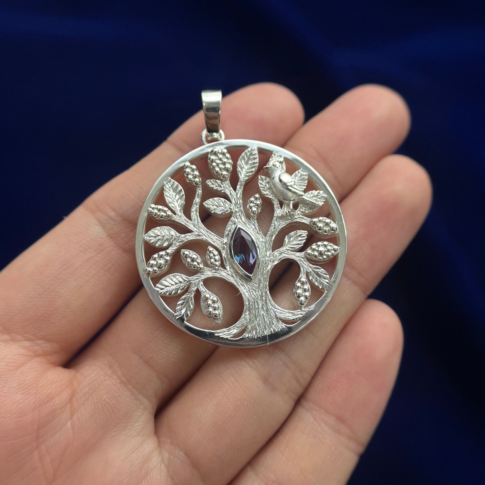 925 Sterling Silver and 8x4mm Marquise Lab Alexandrite on 35mm Open Work Mulberry Tree Custom Circle Pendant