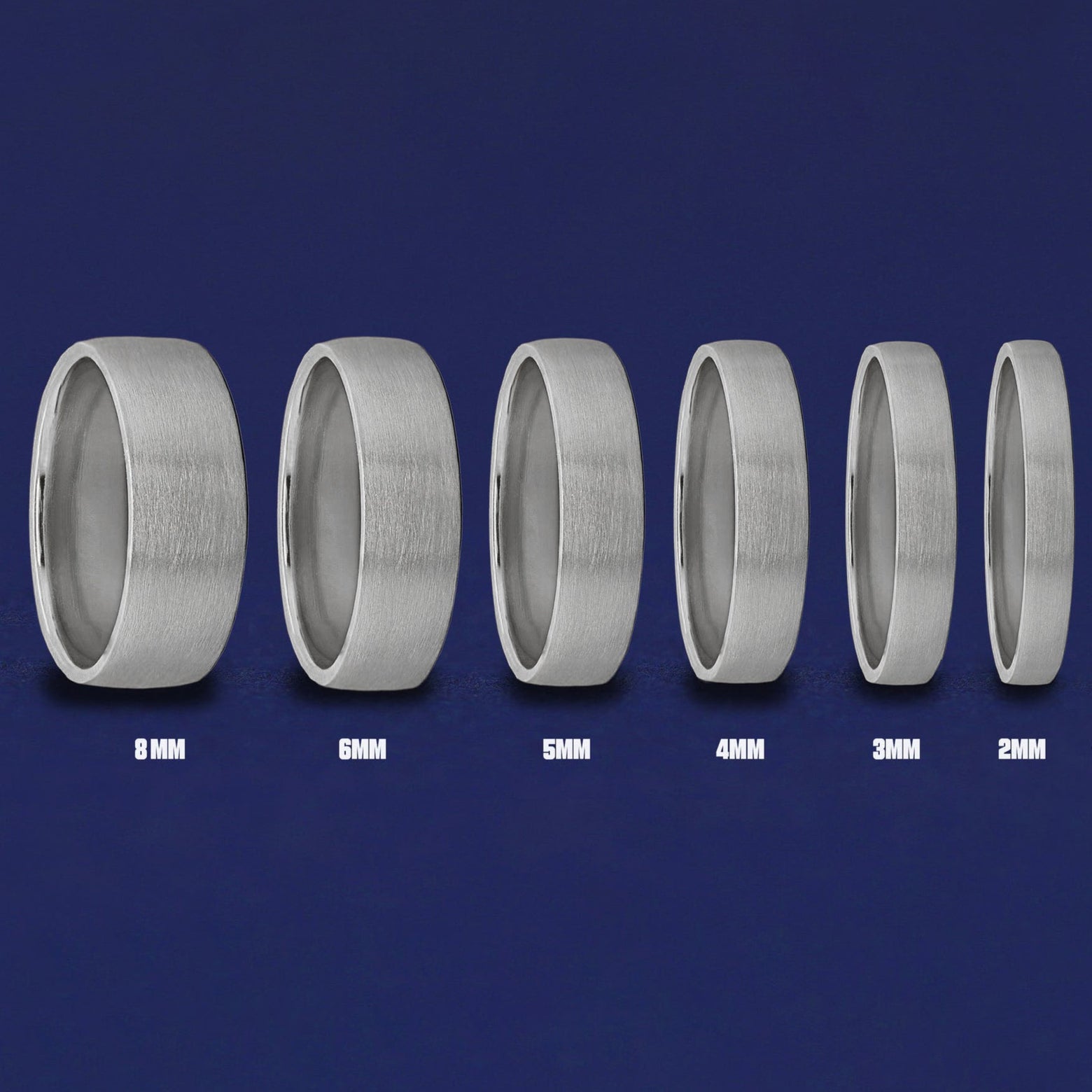 Seven versions of the Silver Mix Matte Band showing the different thickness options of the ring from 8mm to 2mm