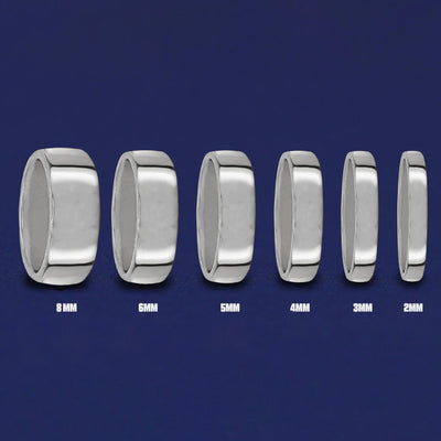 Seven versions of the Silver Mix Mirror Band showing the different thickness options of the ring from 8mm to 2mm