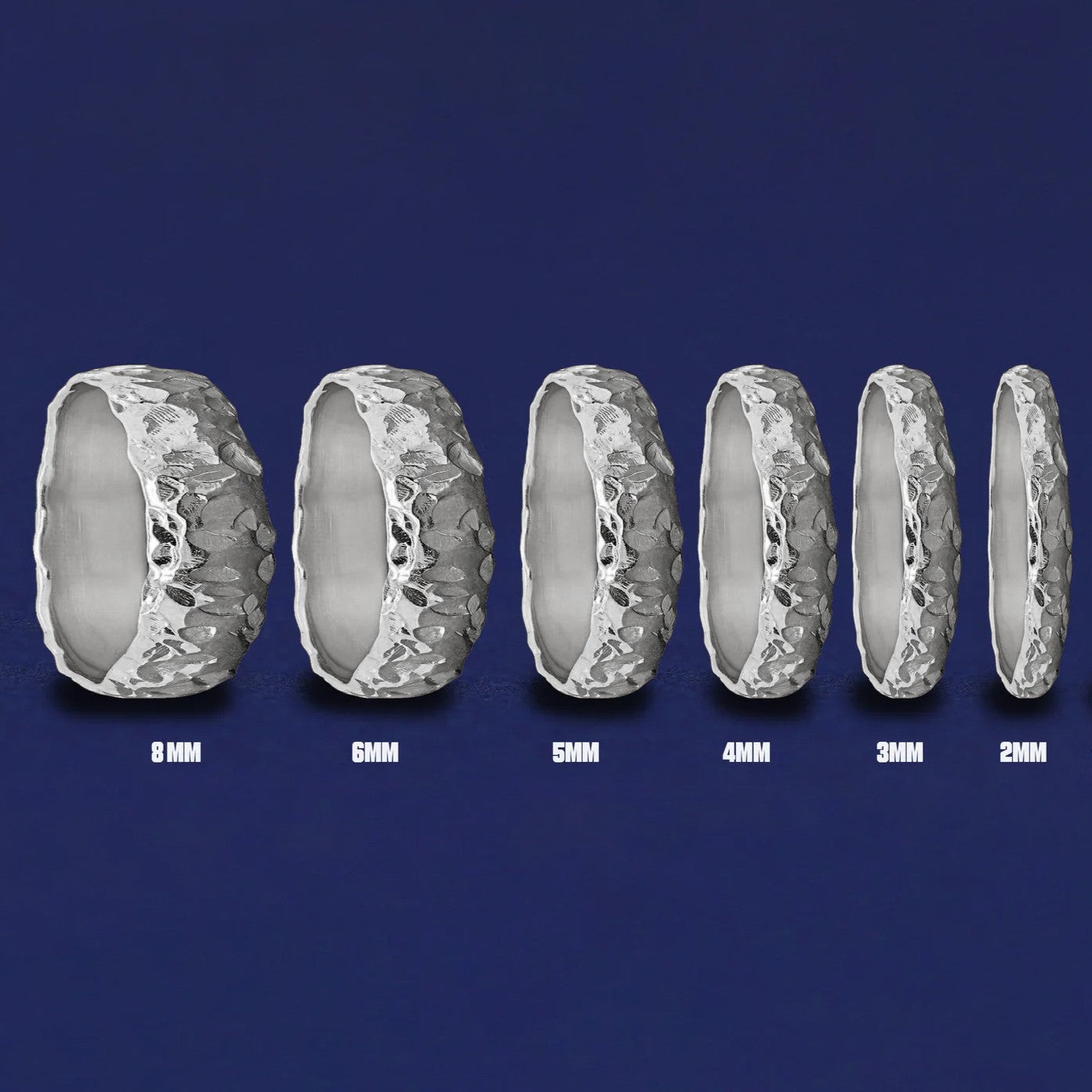 Seven versions of the Silver Mix Organic Band showing the different thickness options of the ring from 8mm to 2mm