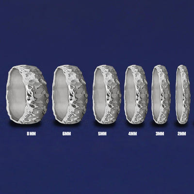 Seven versions of the Silver Mix Organic Band showing the different thickness options of the ring from 8mm to 2mm