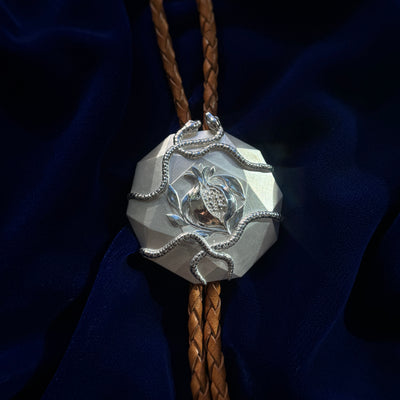 925 Sterling Silver Bolo Tie Clip with Pomegranate Engraved and Two 3D Snakes Custom Piece