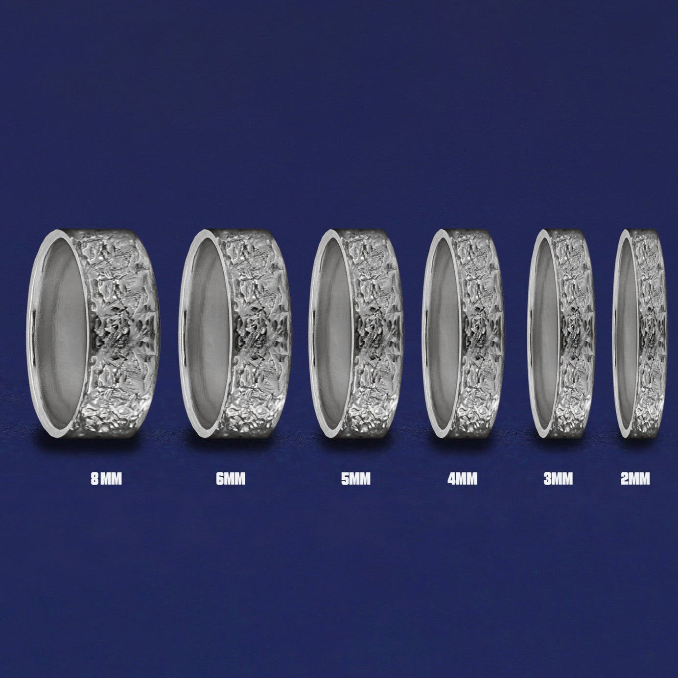 Seven versions of the Silver Mix Raw Band showing the different thickness options of the ring from 8mm to 2mm