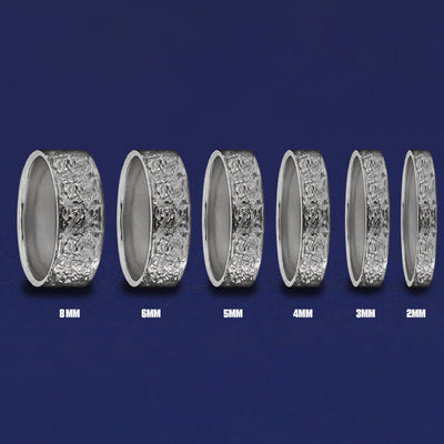 Seven versions of the Silver Mix Raw Band showing the different thickness options of the ring from 8mm to 2mm