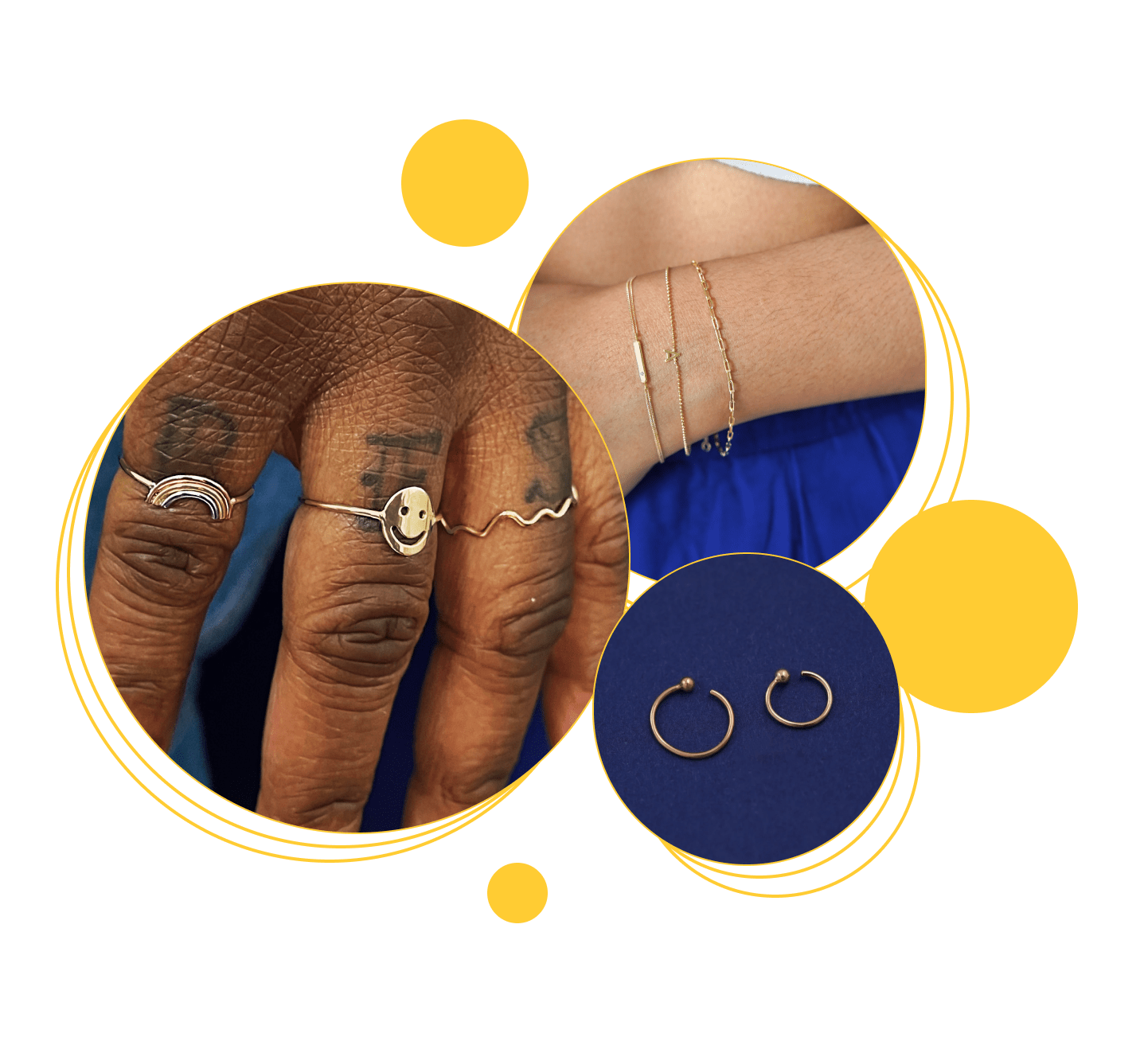 A model's hand wearing Automic Gold rings, a model wearing Automic Gold bracelets, and two Line Septums on a blue background