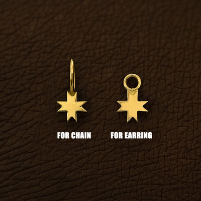 Two 14 karat solid gold 8 Pointed Star Charms shown in the For Chain and For Earring options