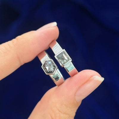 950 Platinum and 14k White Gold Hexagon and Baguette Salt and Pepper Diamonds 4mm Matching Custom Bands