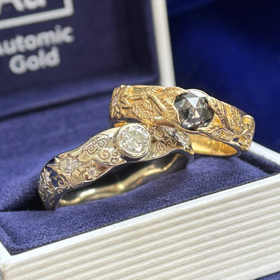 18k Yellow Gold and 6mm Round Salt-and-pepper Diamond with Heirloom Diamonds Clouds and Sunflowers Custom Couple Matching Engagement Rings Set, size 9.5 and 11.5