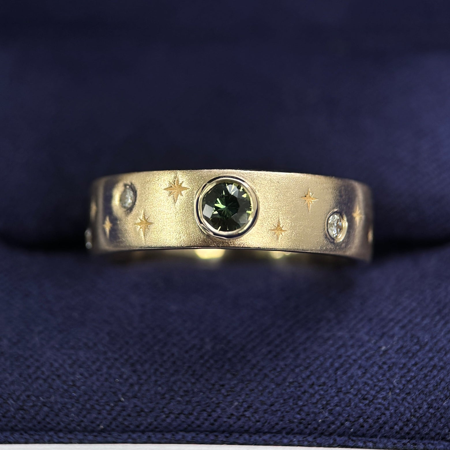 14k Yellow Gold Stars and Diamonds Curvy Brushed Band Engraved Inside Custom Ring, Size 8.75