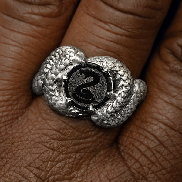 Automic Gold Engraved Black Diamond Silver Snake Ring | Fine Jewelry