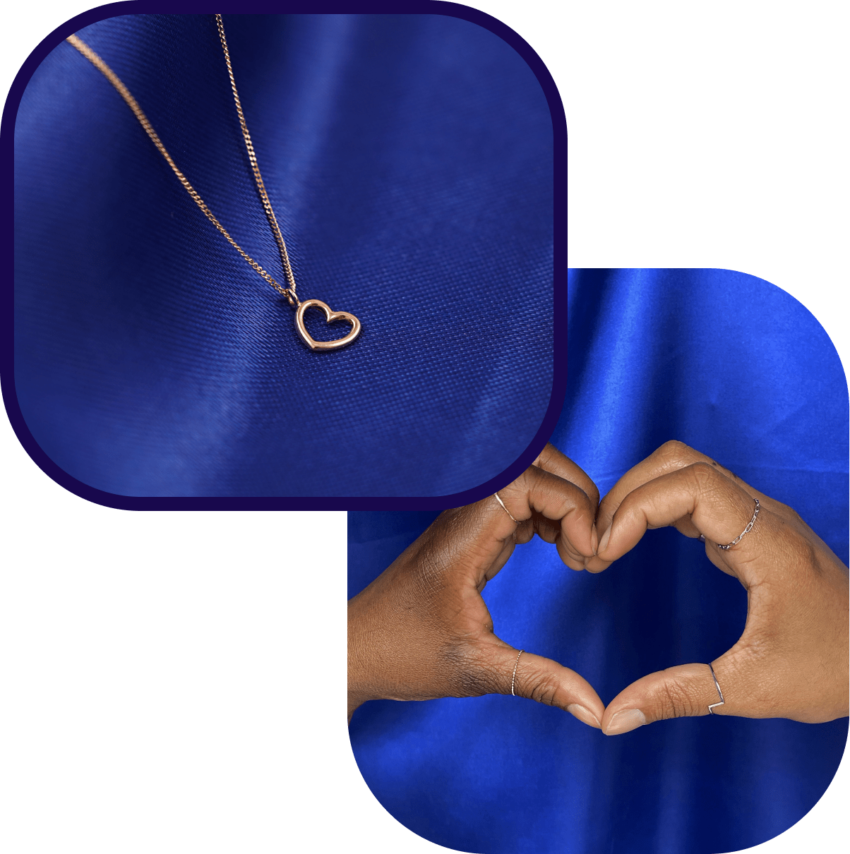 Two overlapping images, one with a Heart Necklace the other with a models hands in a heart gesture wearing Automic Gold rings