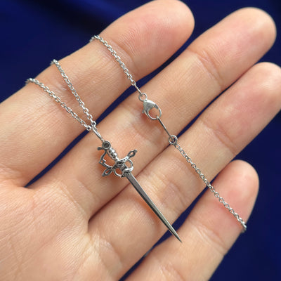 14k White Gold 1 Inch Length Sword Charm on 26" White Gold Medium Cable Chain Custom Necklace