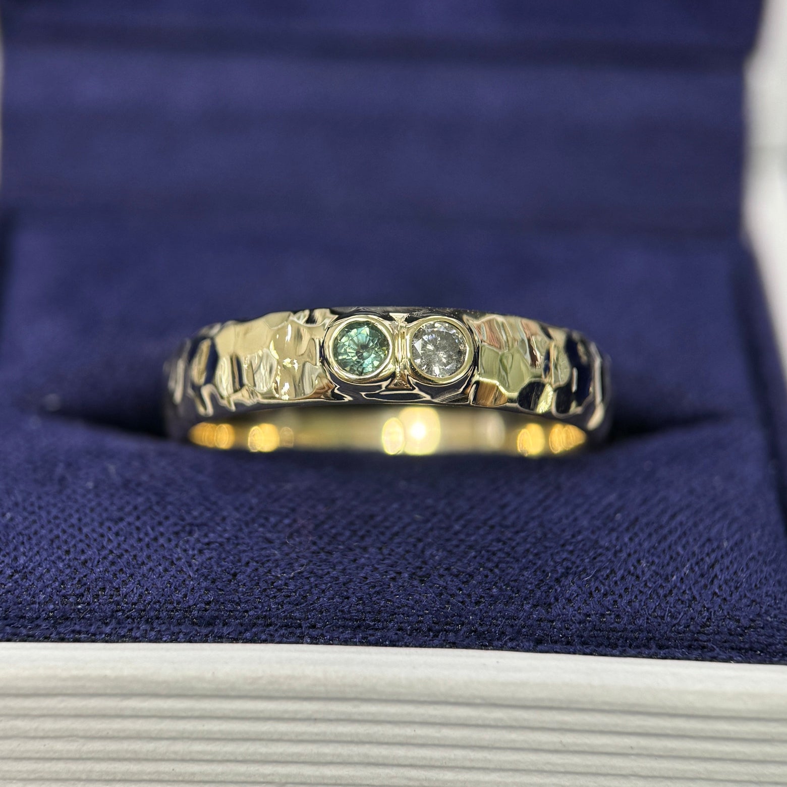 14k Yellow Gold & Bezel-low-set Round 2.5mm Teal Sapphire & 2.5mm Salt-and-pepper Diamond on 5mm Curvy Hammered Band Custom Ring