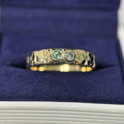 14k Yellow Gold & Bezel-low-set Round 2.5mm Teal Sapphire & 2.5mm Salt-and-pepper Diamond on 5mm Curvy Hammered Band Custom Ring