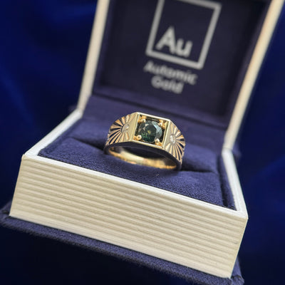 14k Yellow Gold and Square low set 1ct Round Teal Sapphire with Small Clear Lab Diamonds on Chunky Signet Engraved Band Custom Ring, size 6
