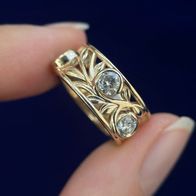 14k Yellow Gold and Tension-set 3pc Customers 3.8mm Diamonds set on 9mm all around Mirror Fligree Open Band Custom Ring, 6 gram, size 4.5