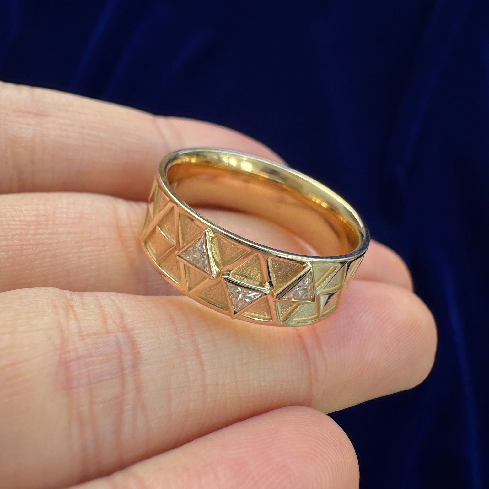 14k Yellow Gold 3mm Triangle Moissanites on Triforce Inspired 6mm Band Custom Ring