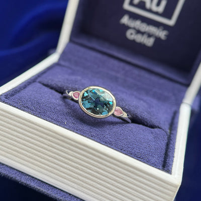 14k Yellow Gold and Oval Topaz Low-bezel-set East-west with 2pc 2mm Peach Sapphires on 2mm Mix Mirror Band Custom Ring, size 7.5