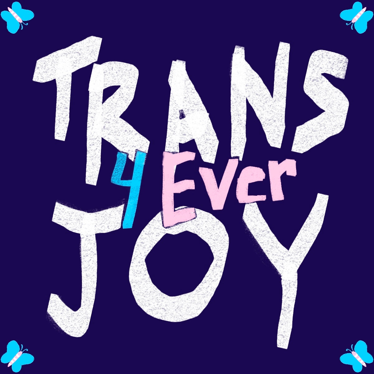 A digital gift card from Automic Gold with the words Trans Joy 4 Ever with butterflies in the trans flag colors
