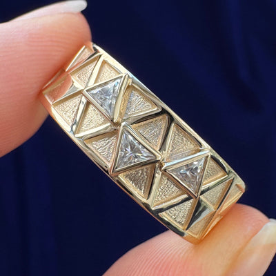 14k Yellow Gold with 3mm Triangle Moissanites on Triforce-Inspired 6mm Band Custom Ring, Size 9