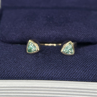 14k Yellow Gold and 2pc Trillion Custom-cut Green Moissanites on Open Nesting Band