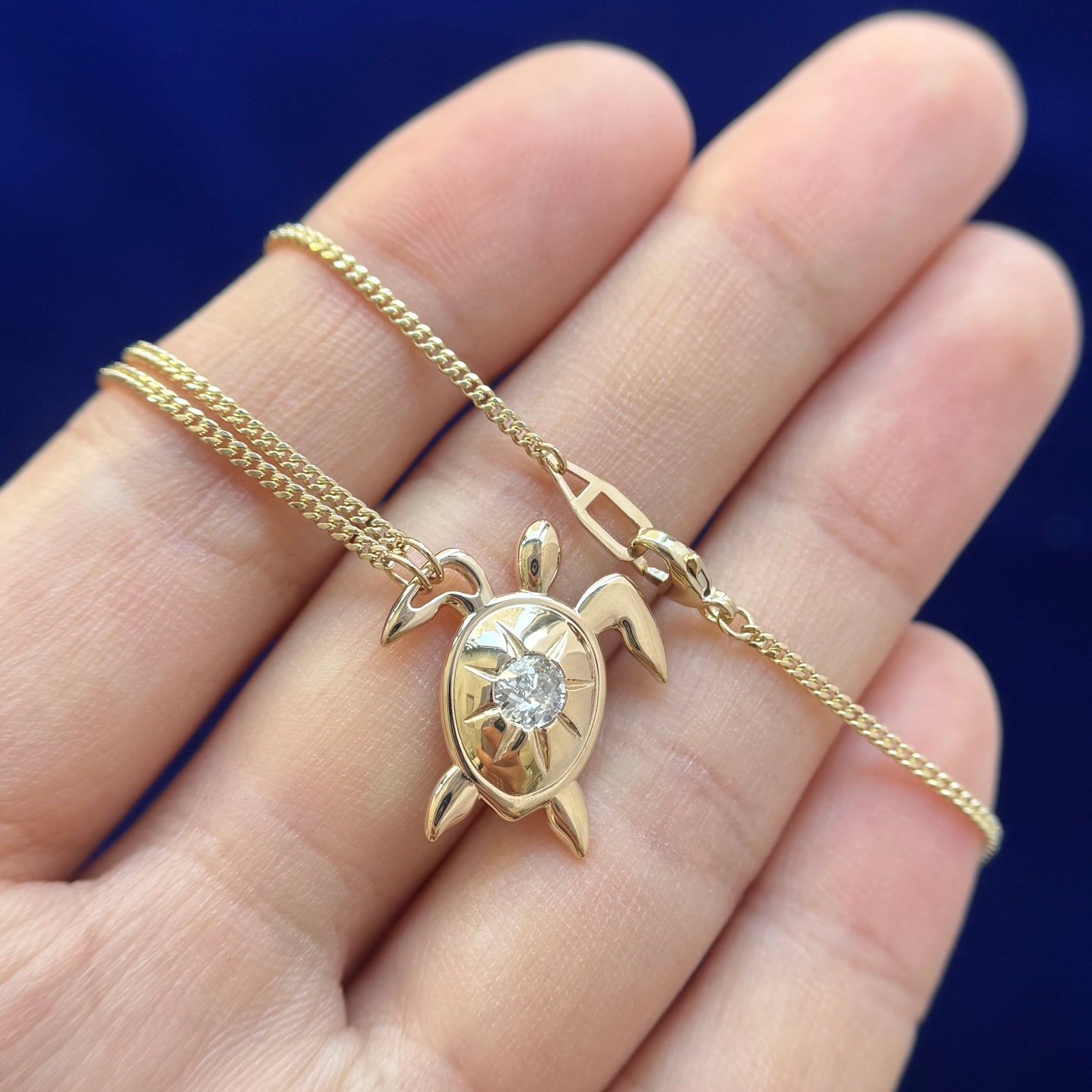 Heirloom 14k Yellow Gold with Heirloom 4mm Diamond remade into Custom Turtle Pendant on 18" Mini Miami Chain