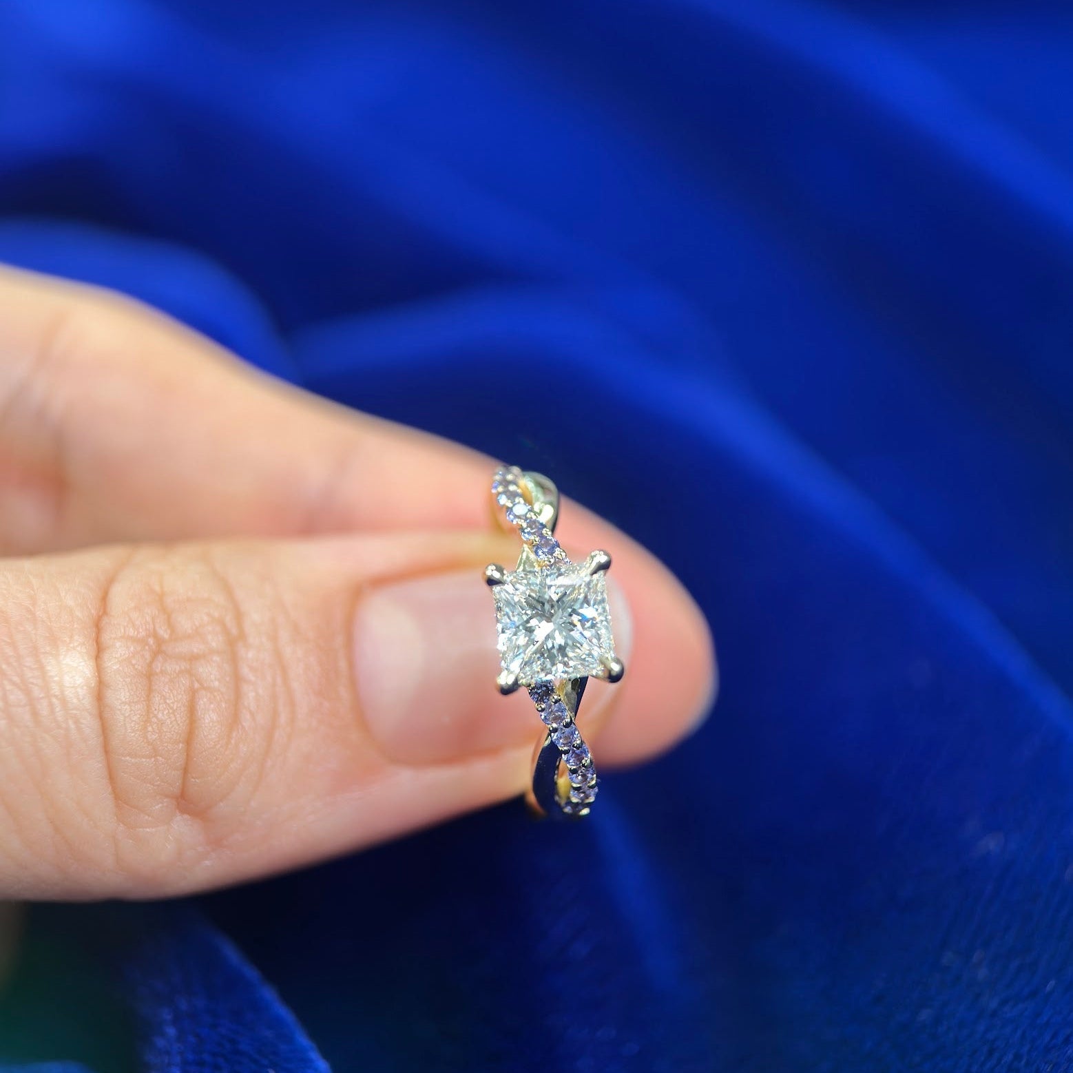 14k Yellow Gold Set Above Band Princess Natural Diamond on Twisted Band with Purple Sapphires Custom Ring