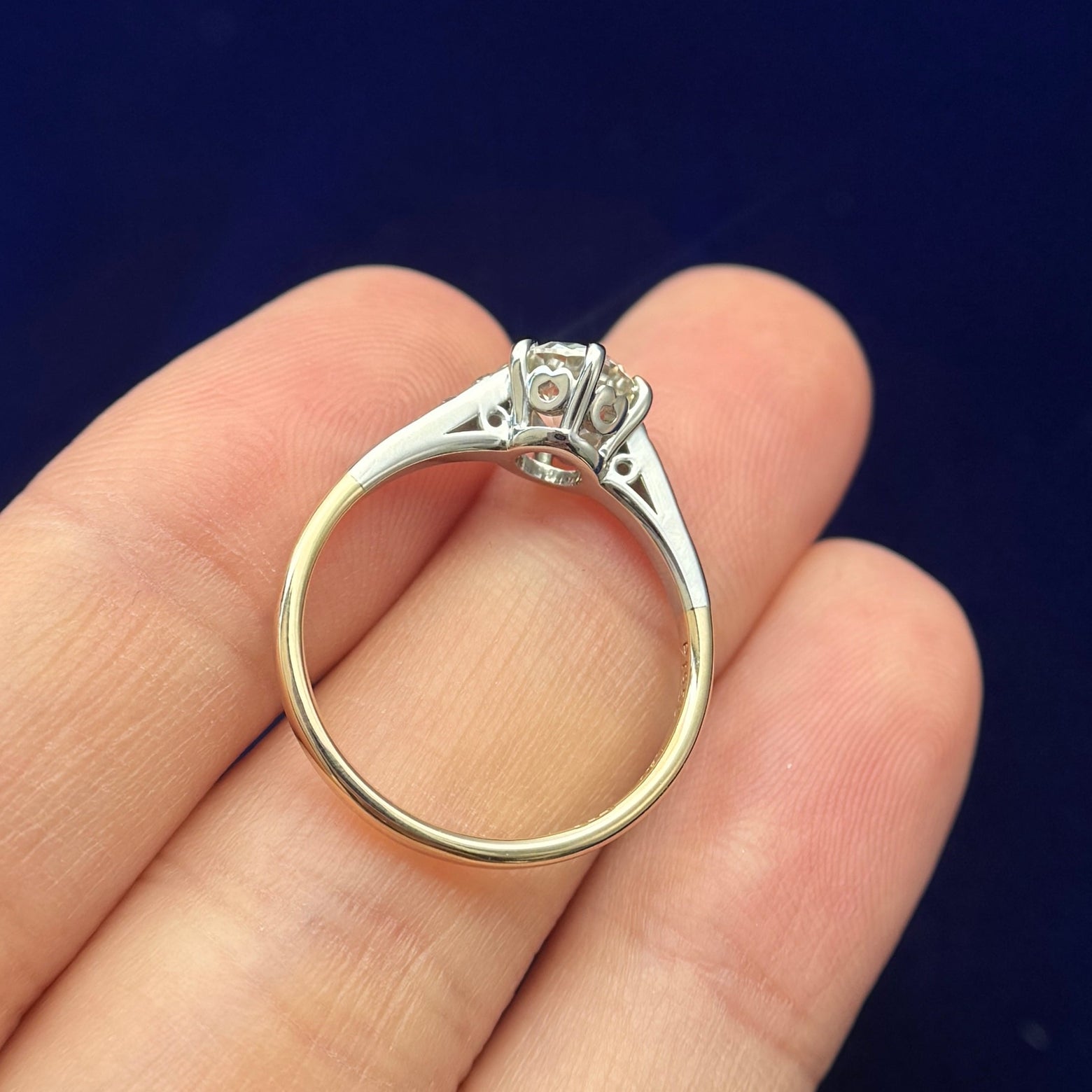 side view of 950 Platinum Front with Old-cut 1.07ct J/SI GIA Natural Diamond on 14k Yellow Gold Diamond Band Vintage Reproduction Custom Ring, size 7