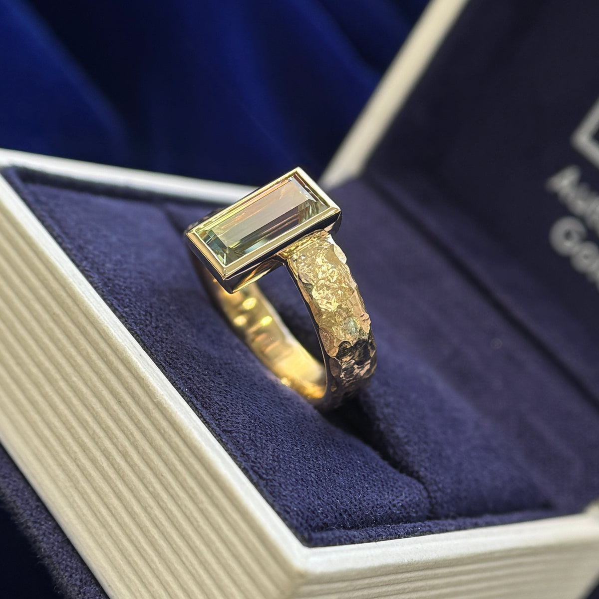 14k Yellow Gold and 10x5mm Bicolor Watermelon Baguette Lab Sapphire on Bypass Organic Band Custom Ring, Size 5.5