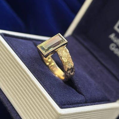 14k Yellow Gold and 10x5mm Bicolor Watermelon Baguette Lab Sapphire on Bypass Organic Band Custom Ring, Size 5.5