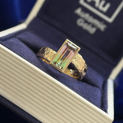 14k Yellow Gold and 10x5mm Bicolor Watermelon Baguette Lab Sapphire on Bypass Organic Band Custom Ring, Size 5.5