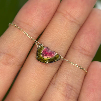 14k Yellow Gold Medium Cable Chain Adjustable 18inch - 20inch and Watermelon Tourmaline Prongs set and Soldered Horizontally Along the Chain