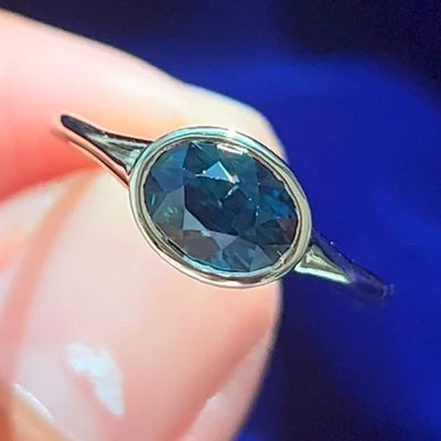 14k White Gold Bezel Set Oval Blue Sapphire Horizontally Set Custom Engagement Ring