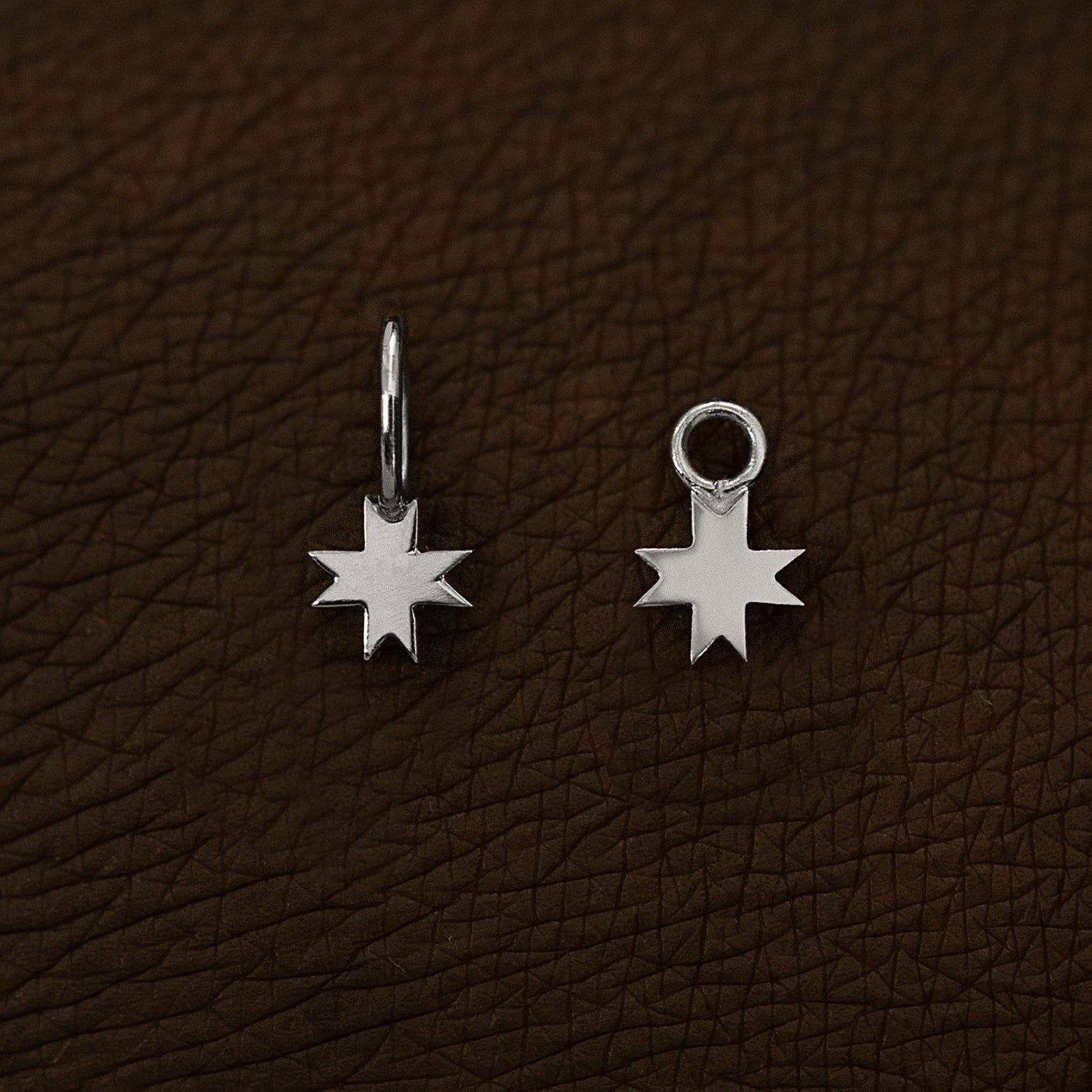 Two white gold 8 Pointed Star Charms shown in the For Chain and For Earring options