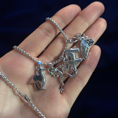 14k White Gold Butterfly, Elephant, Frog, Penguin Animal Pendants with gem eyes and 22 inch Round Box Chain, solid gold