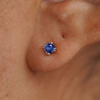 Close up view of a model's ear wearing a 14k white gold Sapphire Earring