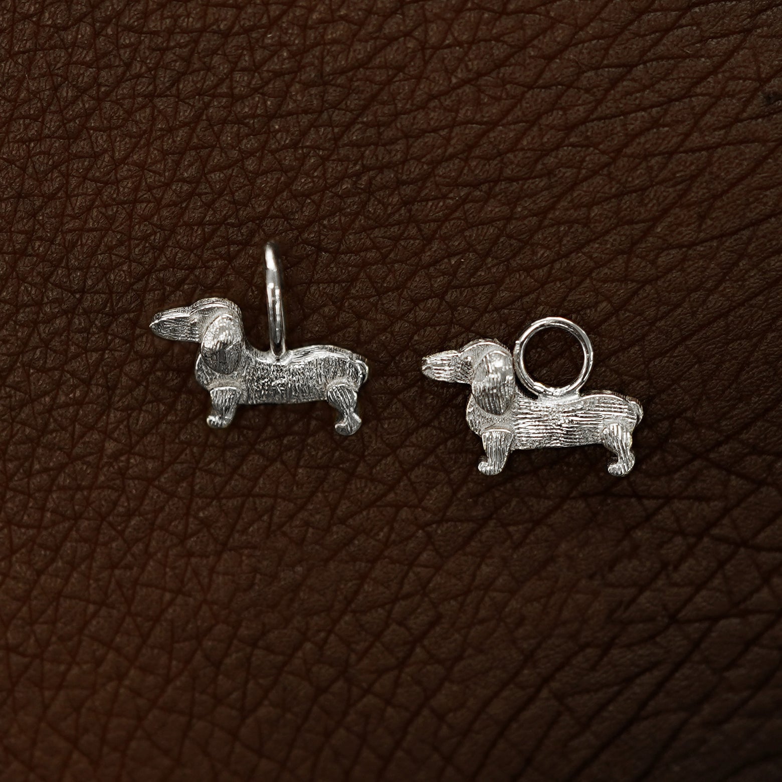 Two 14 karat White solid gold Dog Charms shown in the For Chain and For Earring options