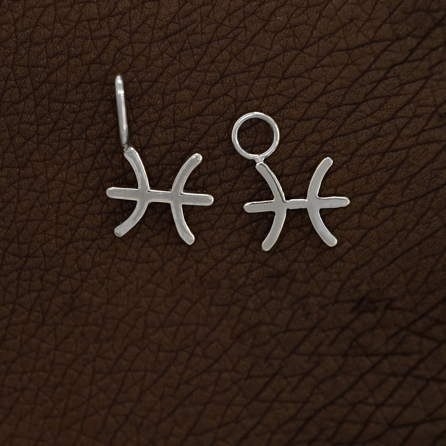 Two 14 karat White solid gold Pisces Horoscope Charms shown in the For Chain and For Earring options