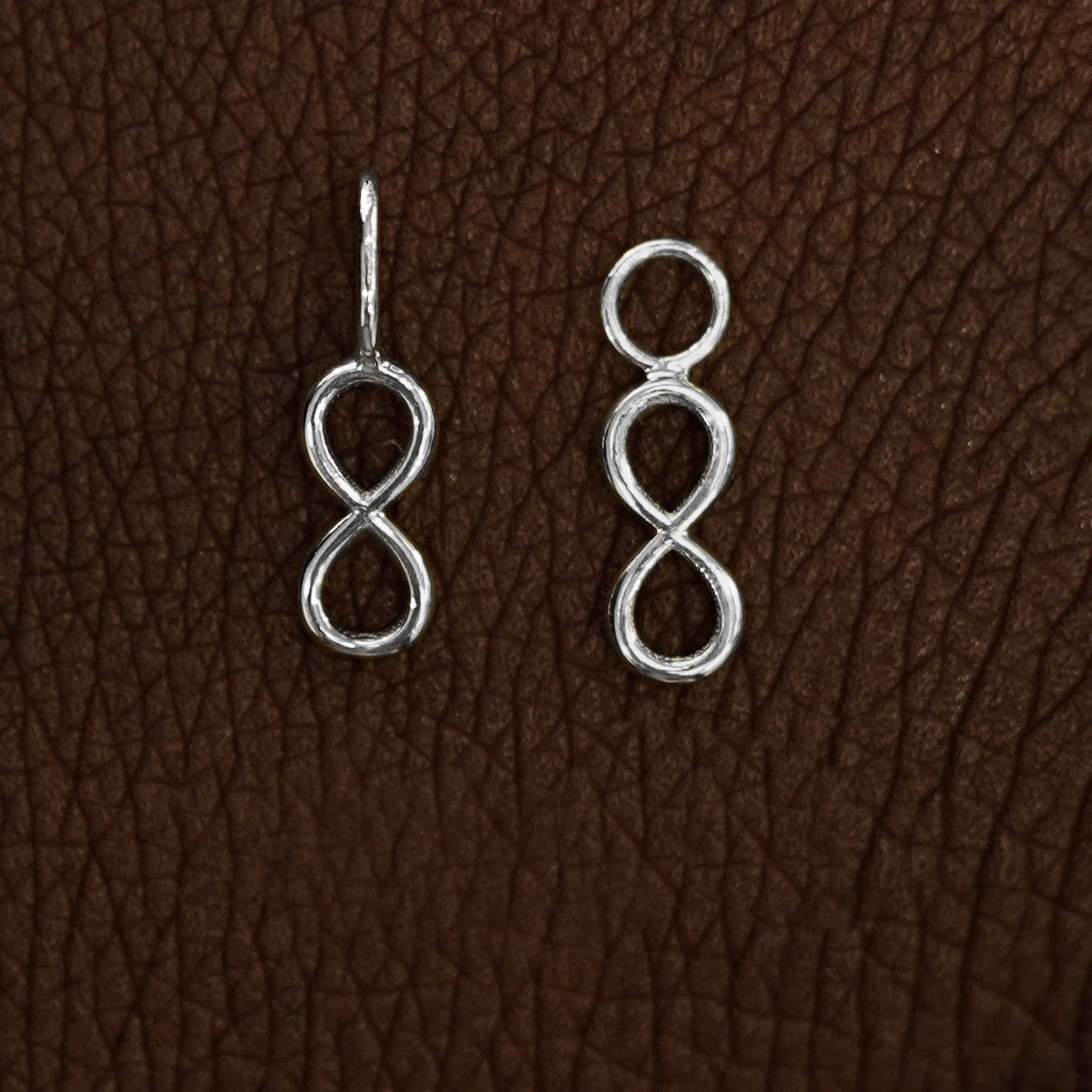 Two 14 karat White solid gold Infinity Charms shown in the For Chain and For Earring options

