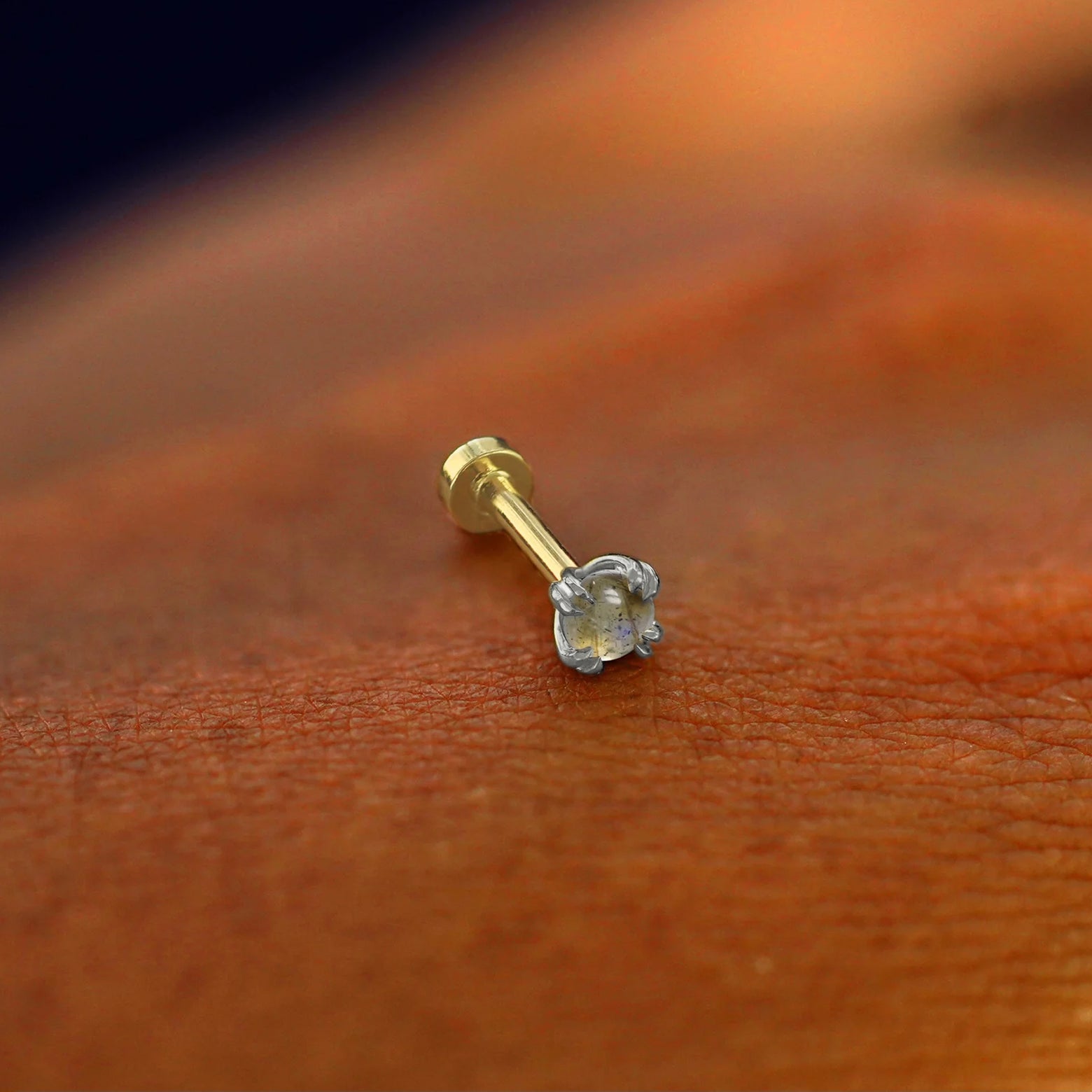 A solid 14k white gold labradorite Flatback Piercing resting on the back of a model's 