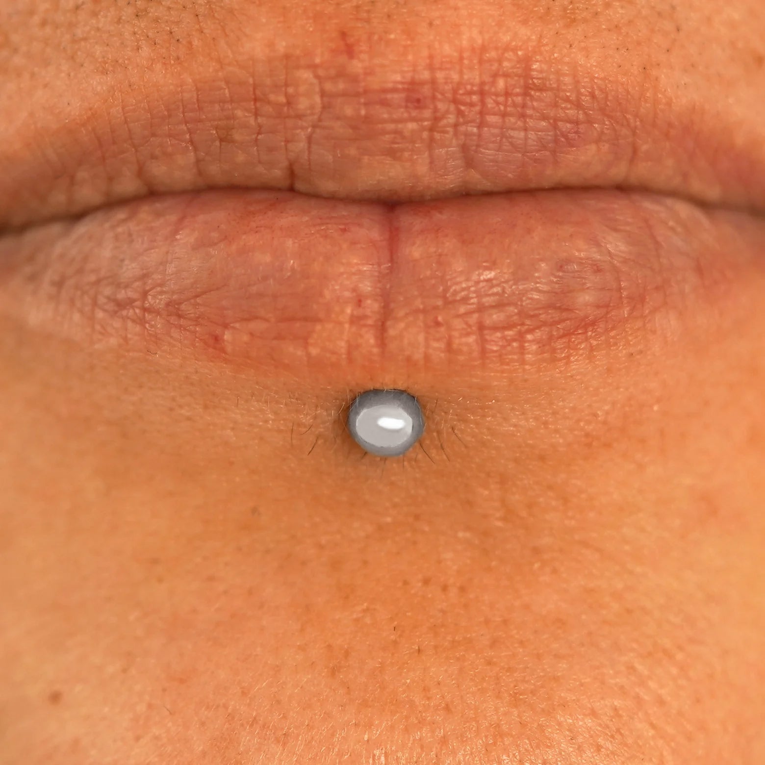 Close up view of a model's lips wearing a 14k white gold Large Labret Piercing