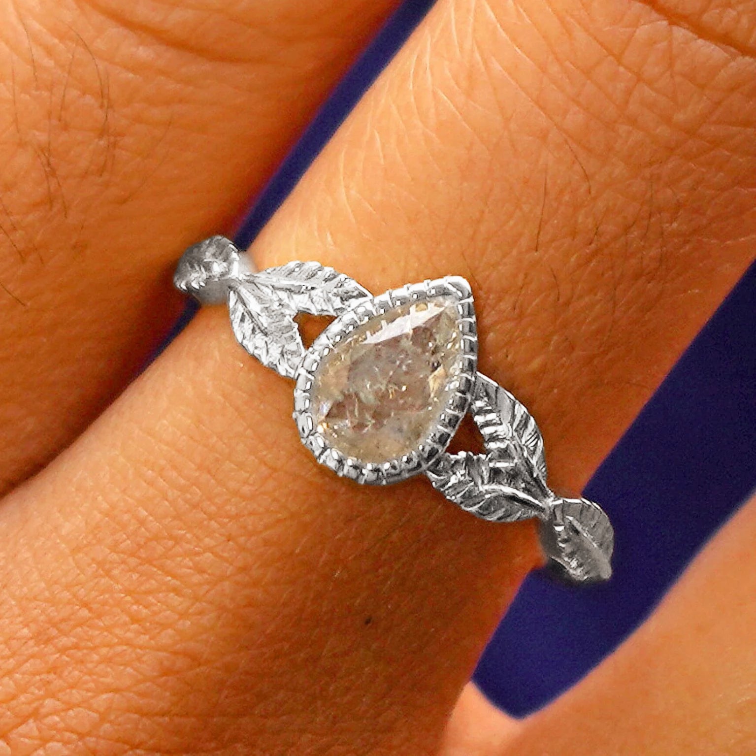 Automic Gold Pear Salt and Pepper Diamond Leaves Ring Fine Jewelry