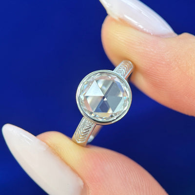 14k White Gold 8.5mm 1.50ct Round Rose-cut Lab Diamond on Engraved Band Custom Ring, Size 5.25