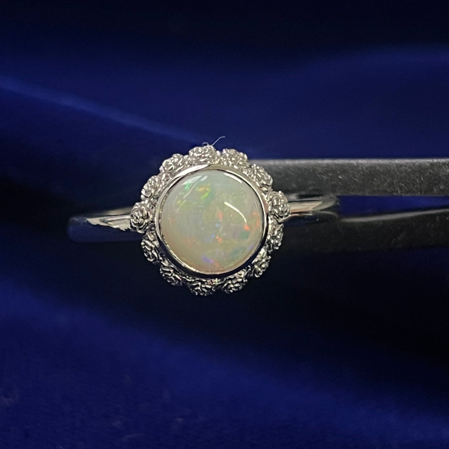 14k White Gold Round Opal with Roses Flowers Bezel on Thin Band Custom Ring