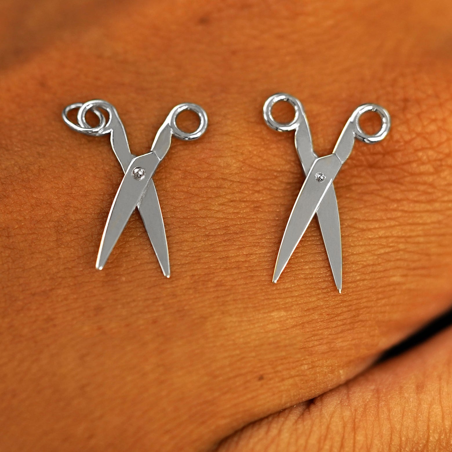 Two 14 karat White solid gold Scissors Charms shown in the For Chain and For Earring options