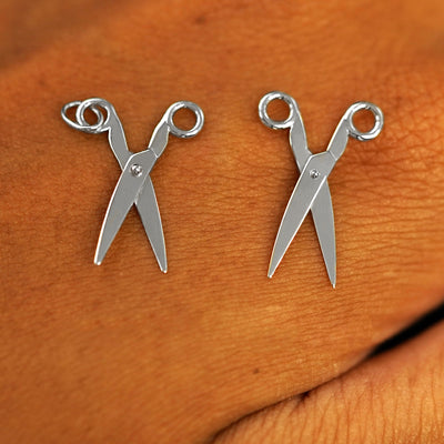 Two 14 karat White solid gold Scissors Charms shown in the For Chain and For Earring options