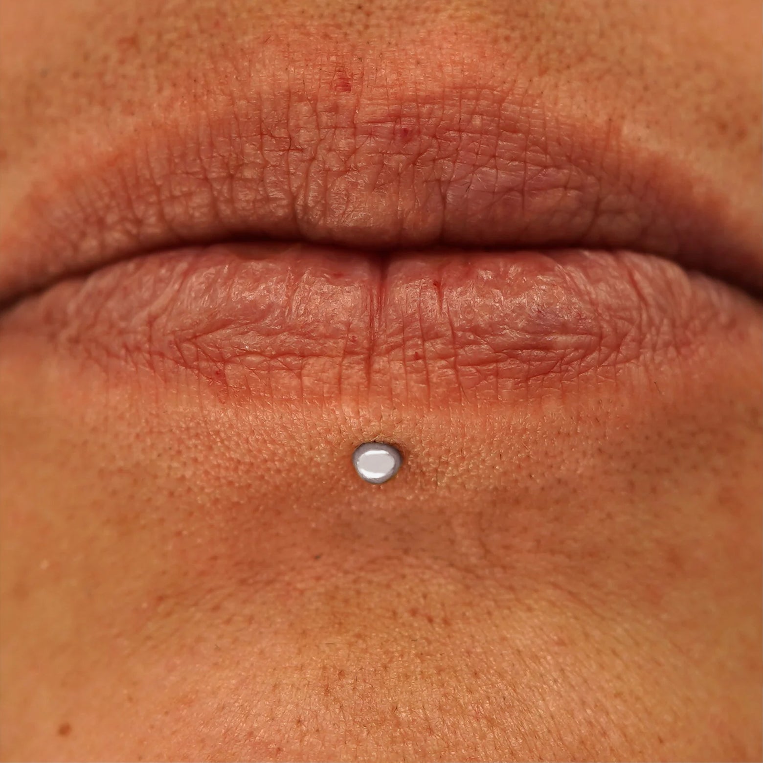 Close up view of a model's mouth wearing a 14k white gold Small Ball Flatback as a labret piercing