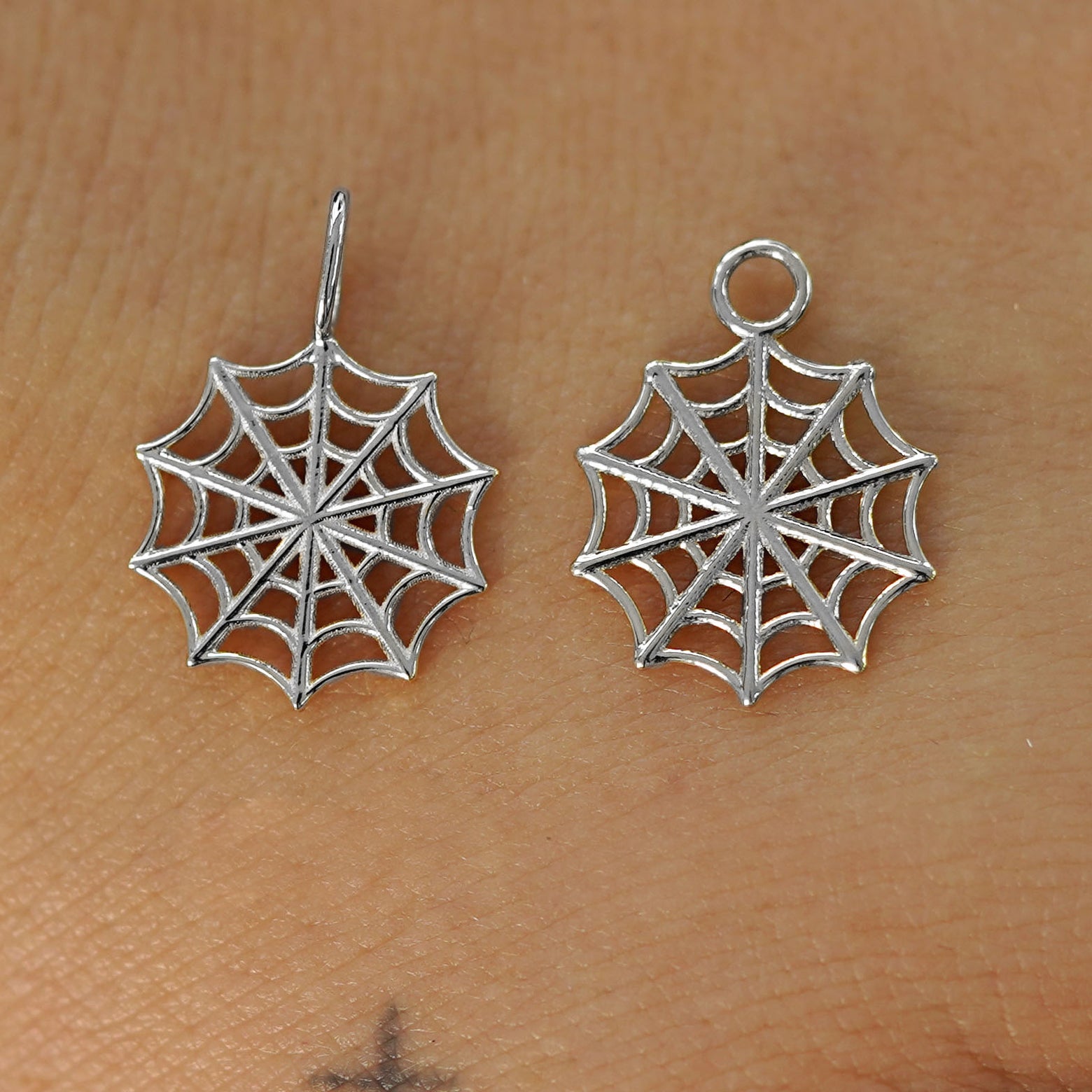 Two 14 karat White solid gold Spider Web Charms shown in the For Chain and For Earring options
