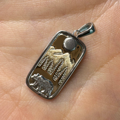 14k Yellow Gold Wilderness Landscape with White Gold Bear on 20mm Tall Rounded Rectangle Custom Pendant Charm