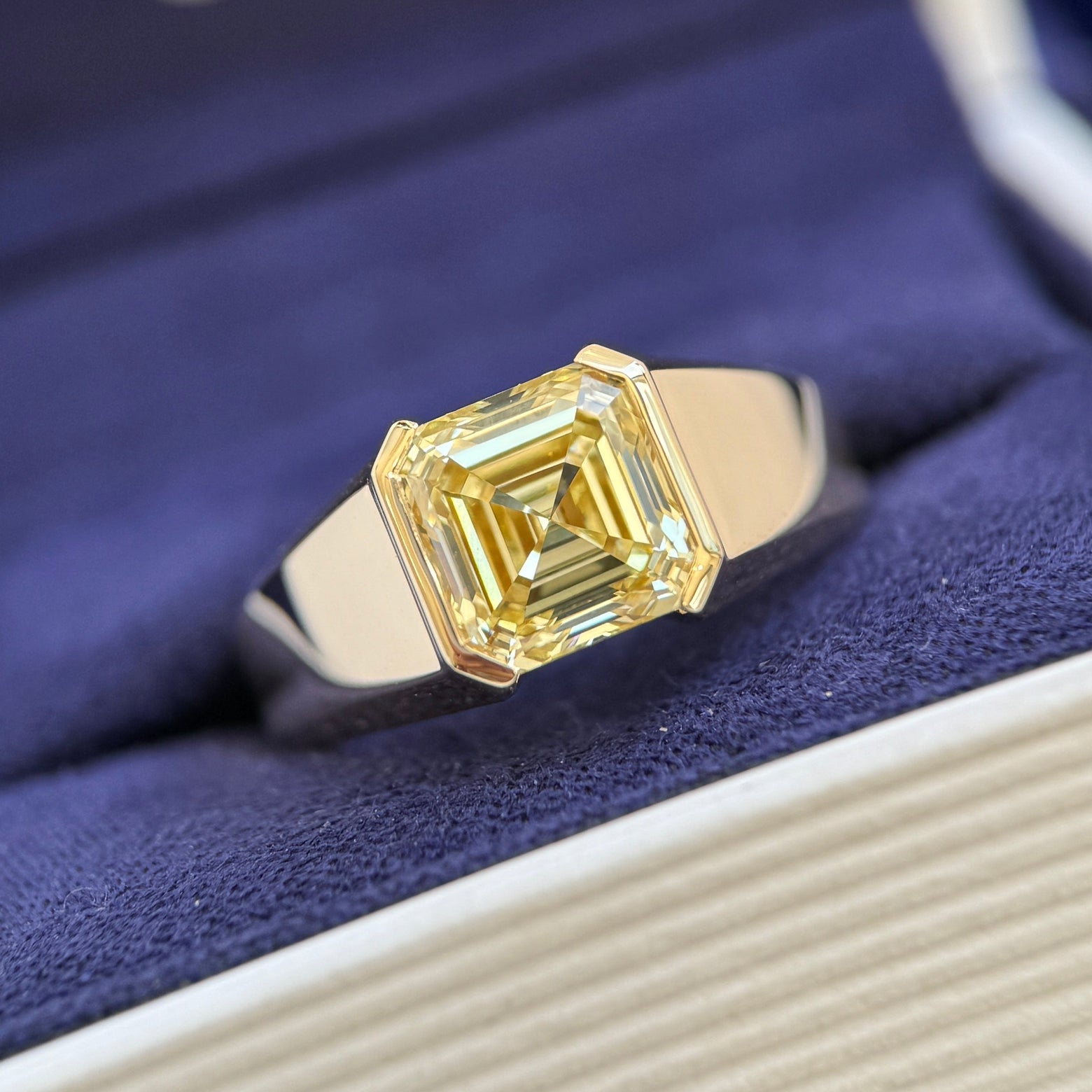 14k Yellow Gold and 3ct Fancy Light Yellow Asscher Lab Diamond Half-bezel-set on Tapered Chunky Band Custom Ring, size 7